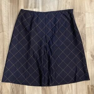TALBOTS‎ 12 Navy Blue A-Line Skirt Camel Diamond Plaid Inverted Front Pleat